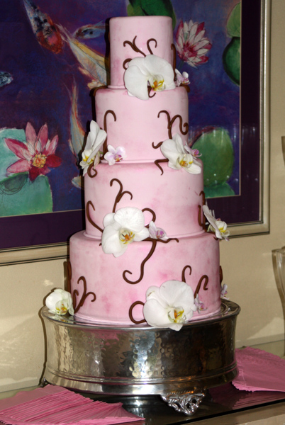 Pink Wedding Cake with White Orchids