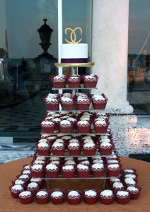 Purple Lace Cupcakes with Gold Monogram Wedding Cake