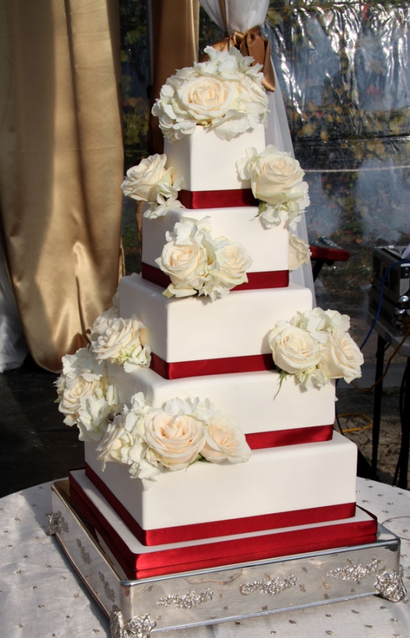 Cream Roses & Burgundy Ribbon Square Wedding Cake