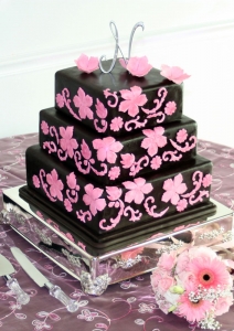 Pink & Brown Flower & Scrolls Square Wedding Cake